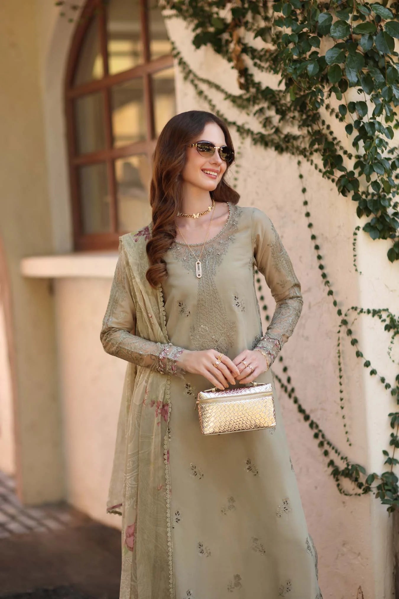 NOOR By Saadia Asad Luxe Chikankari D7-B Warm Gold Sage